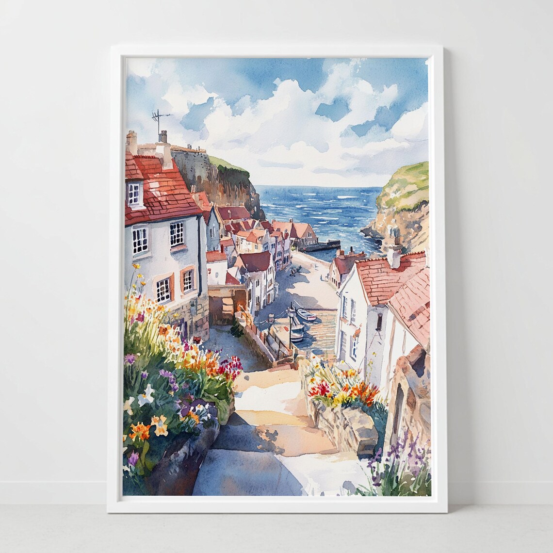 Staithes Yorkshire Fishing Village Watercolor Coastal Harbor Poster