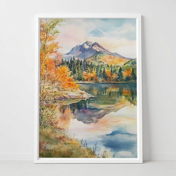 Whiteface Mountain New York Autumn Lake Reflection Watercolor Poster
