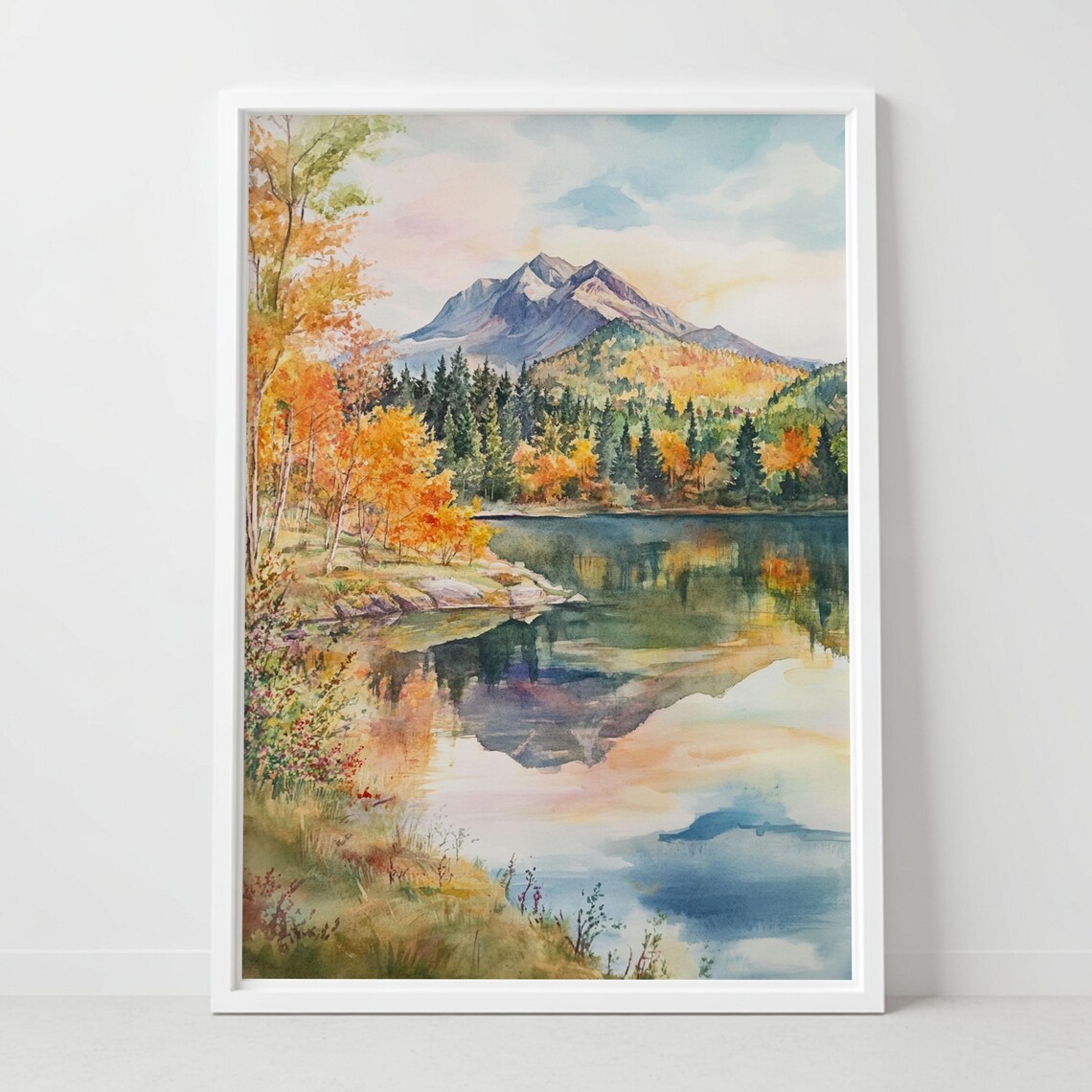 Whiteface Mountain New York Autumn Lake Reflection Watercolor Poster