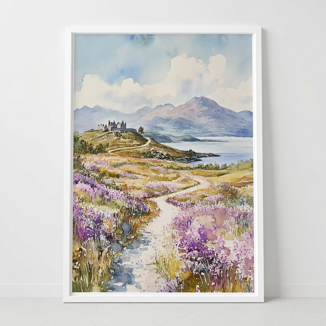 North Coast Scotland Heather Moor Castle Path Watercolor Poster
