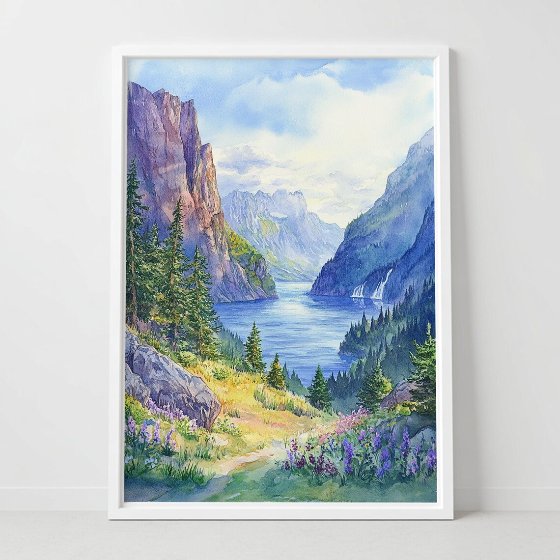 Norway Fjords Watercolor Mountain Lake Wildflowers Travel Poster
