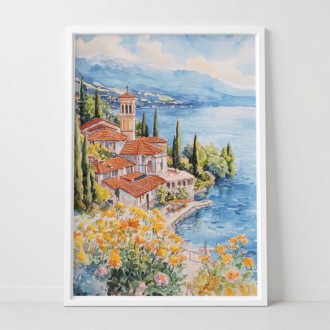Lake Ohrid Macedonia Watercolor Travel Poster Lakeside Church Art