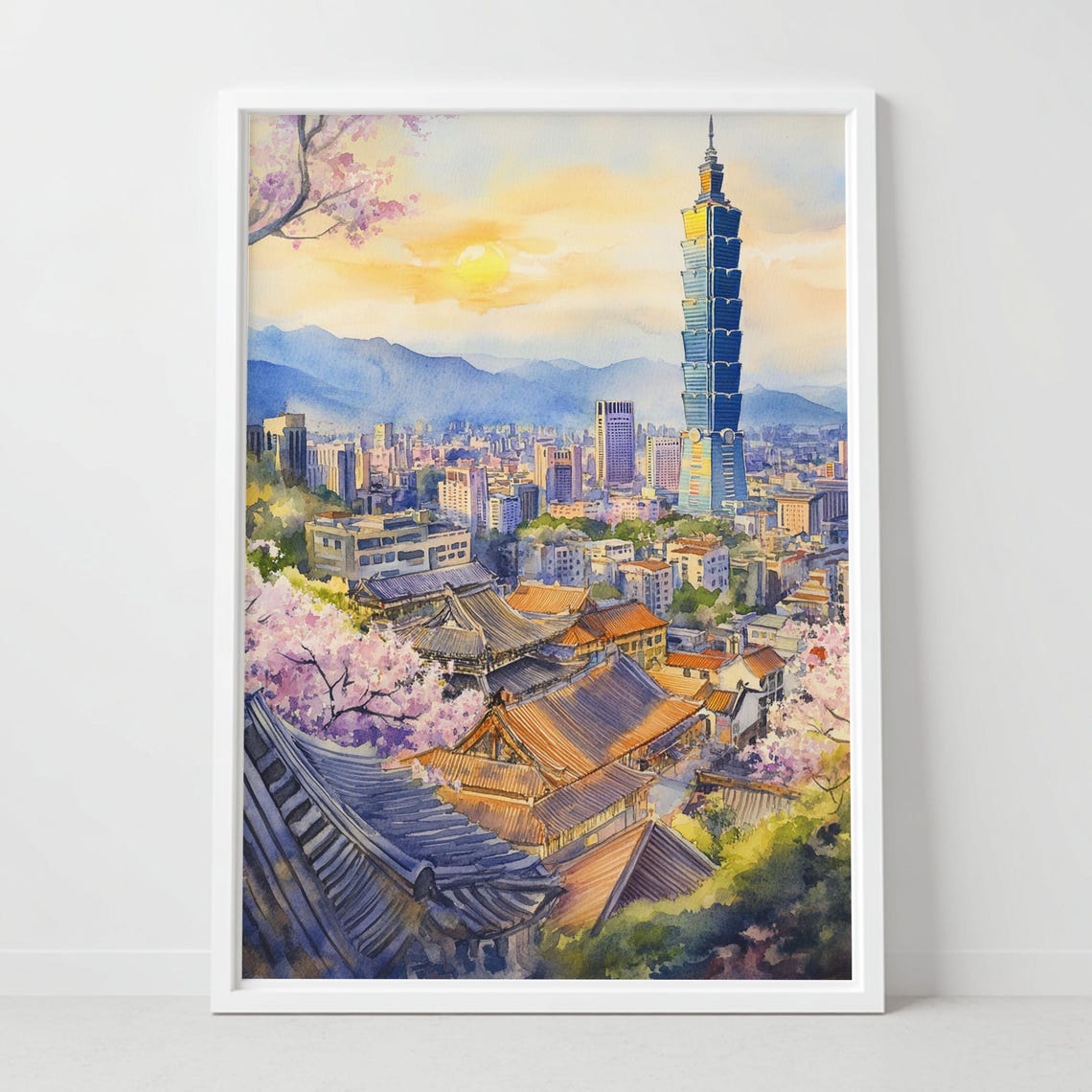 Taipei 101 Tower Sunset City Skyline Watercolor Travel Poster