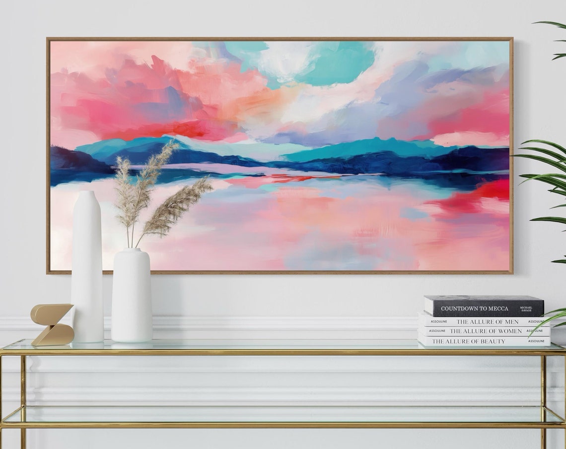 Elegant Bright Abstract Pink Blue Lake Landscape Panoramic Art Print