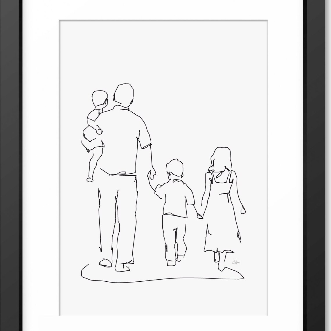 Father and Three Children Walking Away Together Line Art Poster