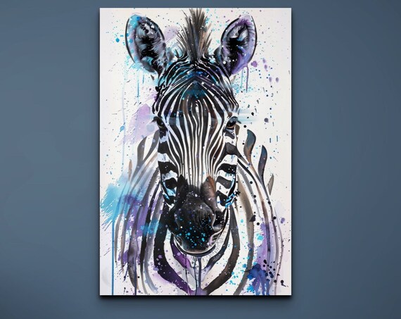 Zebra Front Portrait Watercolor Blue And Purple Paint Splash Art Poster