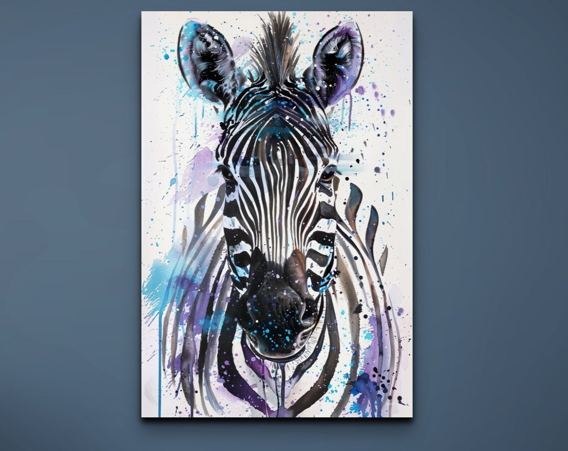 Zebra Front Portrait Watercolor Blue And Purple Paint Splash Art Poster
