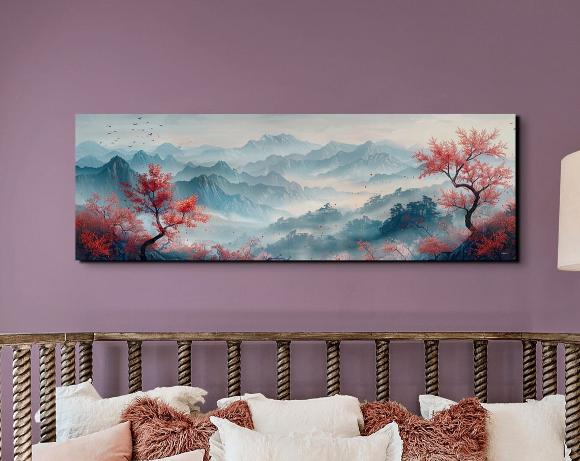 Red Leaf Trees in a Misty Blue Asian Mountain Landscape Poster