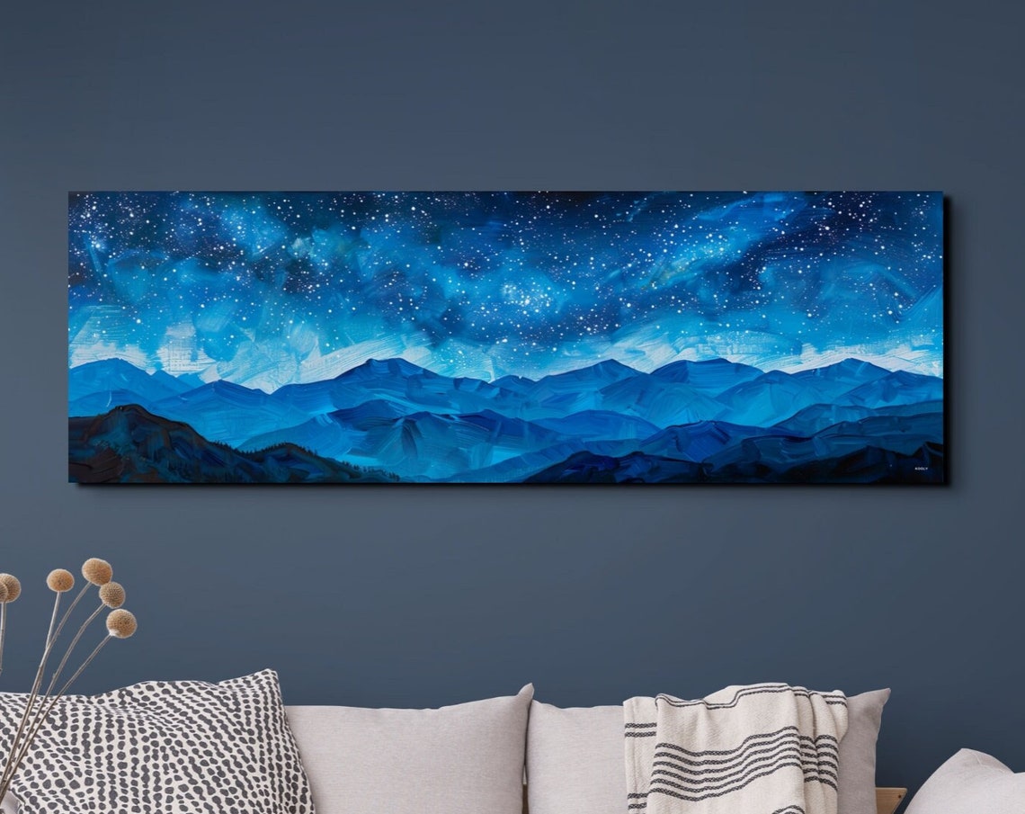 Starry Night Mountain Ridges Deep Blue Impasto Panoramic Art Poster