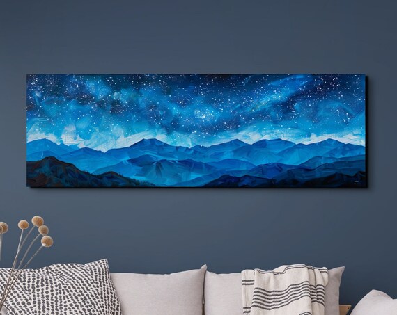 Starry Night Mountain Ridges Deep Blue Impasto Panoramic Art Poster