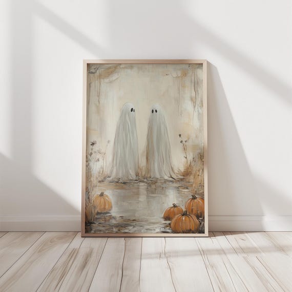 Vintage Art Print Halloween Wall Two Ghosts Poster Spooky Decor