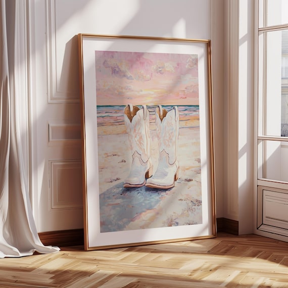 White Cowboy Boots Beach Sunset Pink Sky Coastal Cowgirl Poster