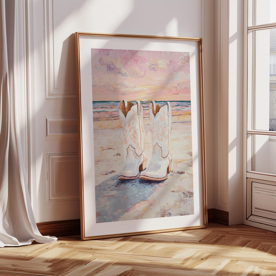 White Cowboy Boots Beach Sunset Pink Sky Coastal Cowgirl Poster