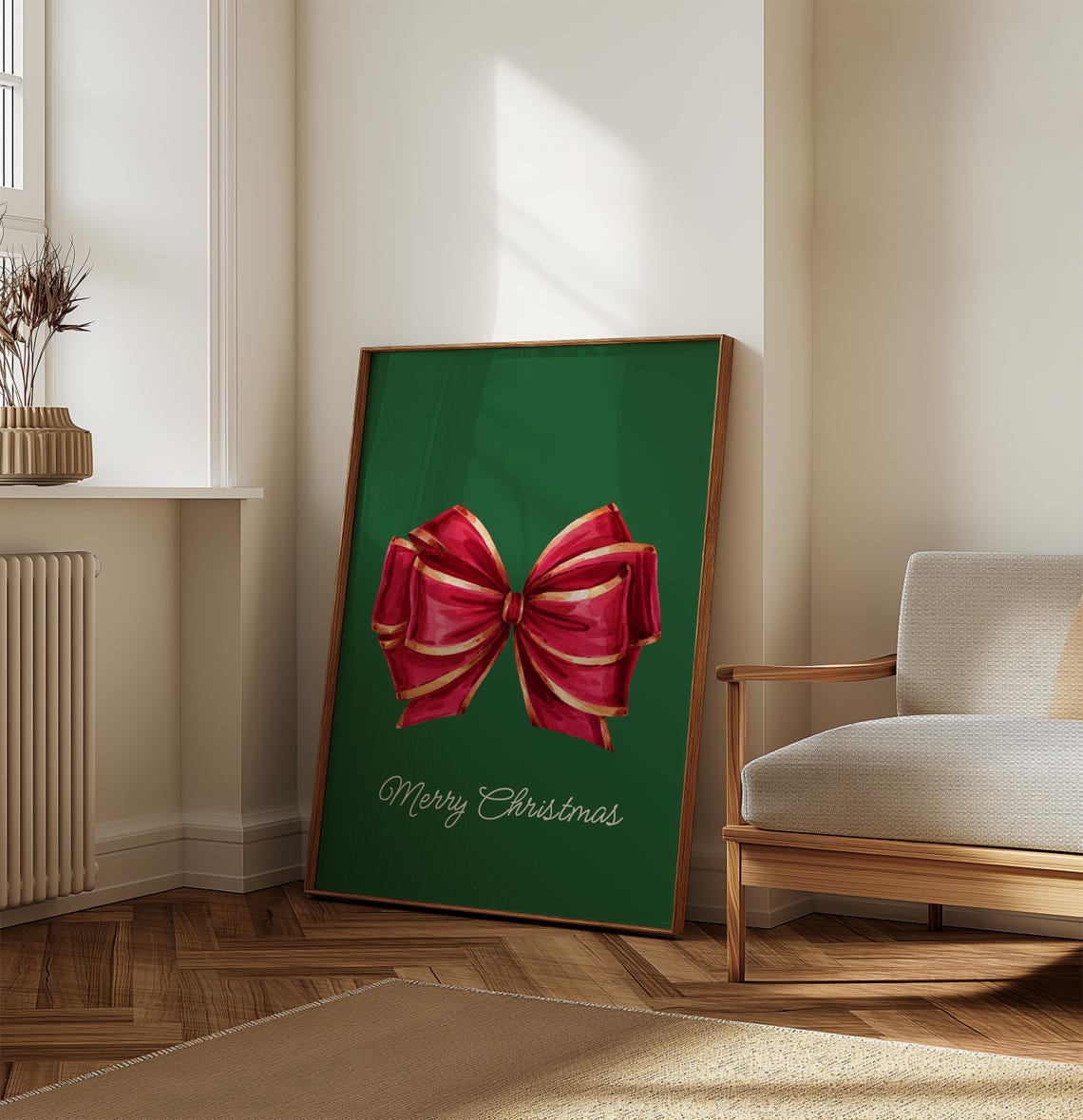 Merry Christmas Red Gold Bow Green Background Holiday Poster - Image 4
