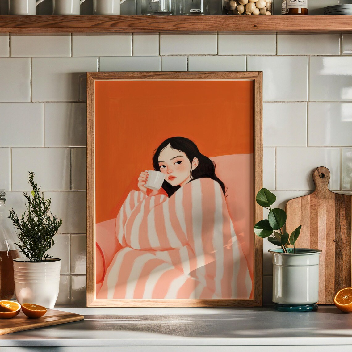 Girl With Coffee, Trendy Orange Abstract People
