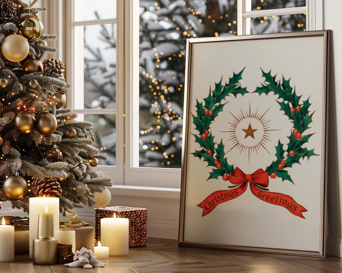 Christmas Greetings Vintage Holly Wreath Red Bow Holiday Poster - Image 5