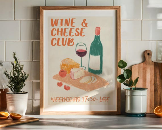 Wine and Cheese Club Retro Kitchen Art Print