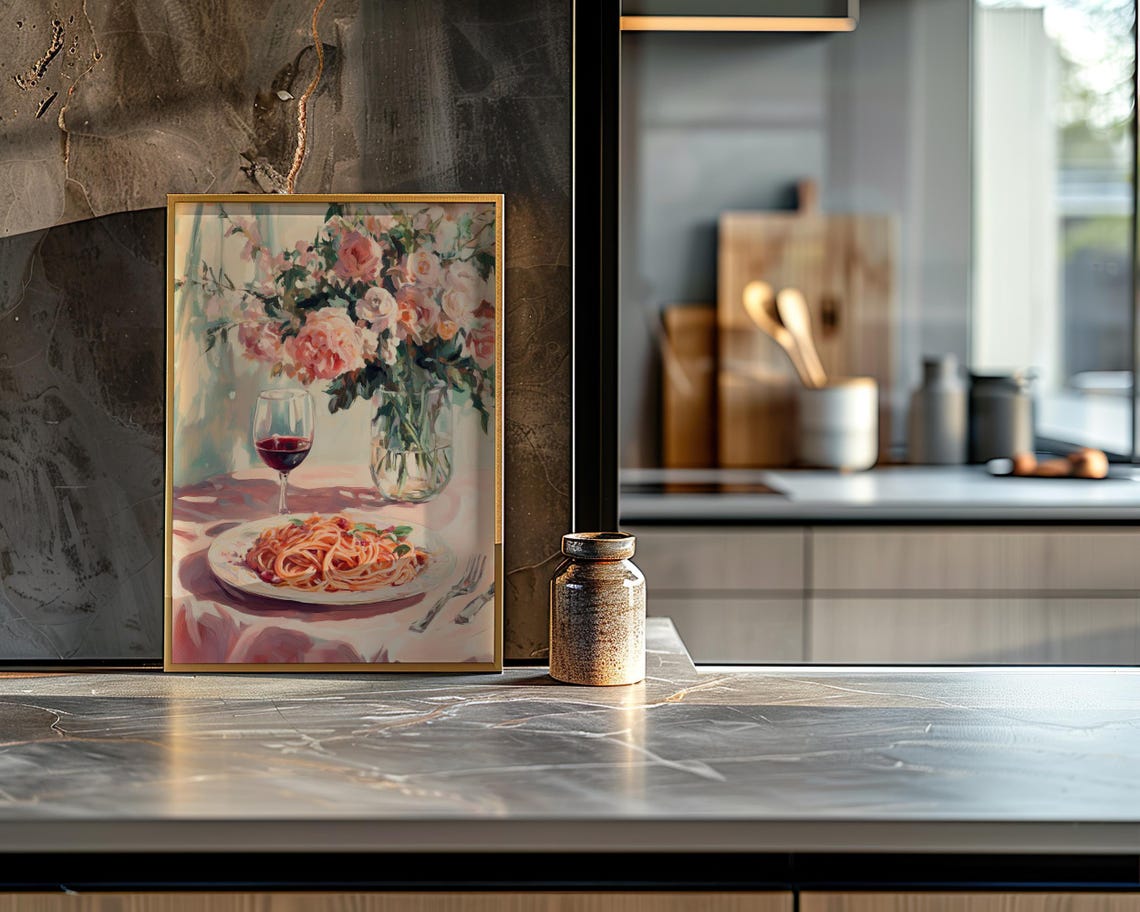 Spaghetti Wine Glass Roses Watercolor Italian Kitchen Table Poster - Image 3