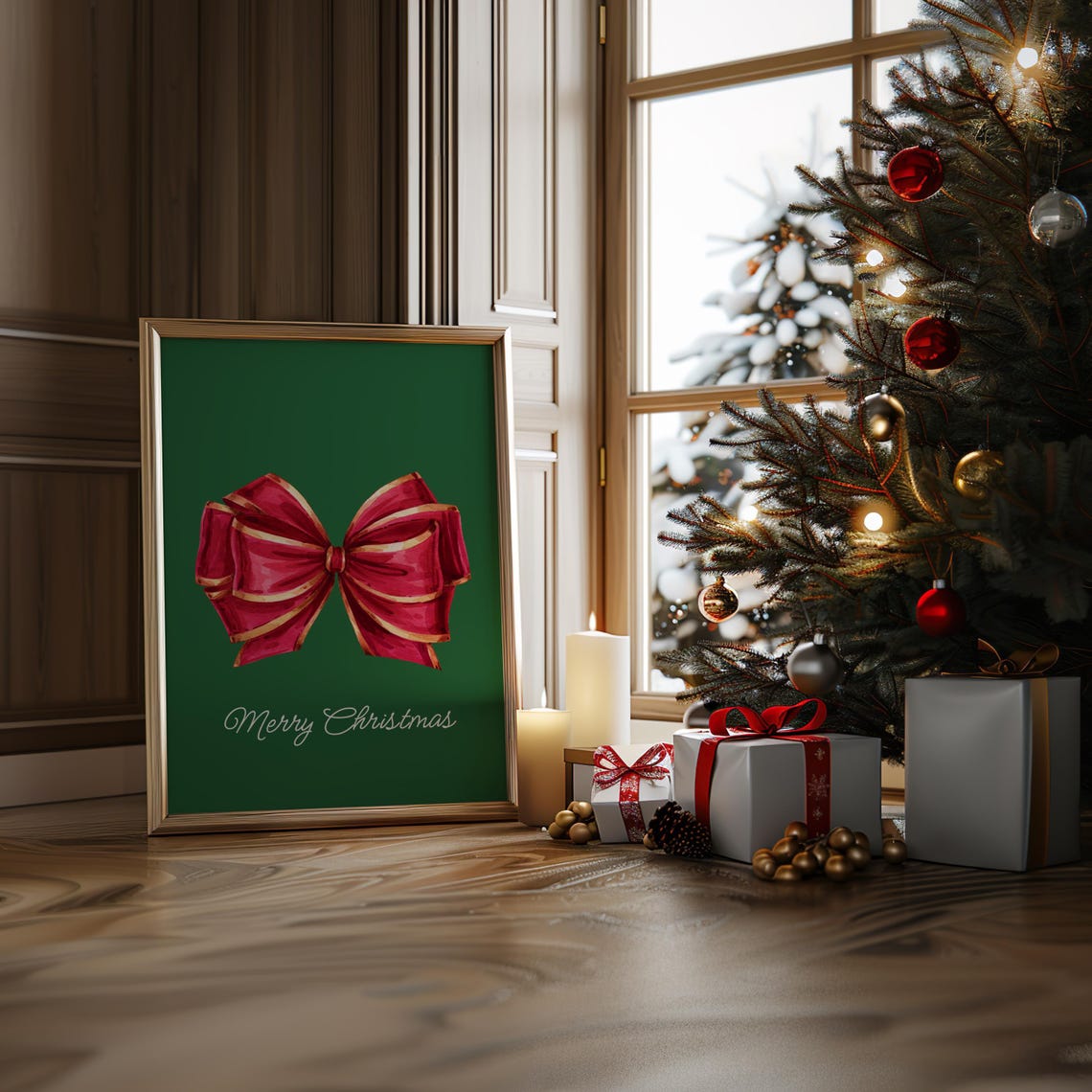 Merry Christmas Red Gold Bow Green Background Holiday Poster - Image 5