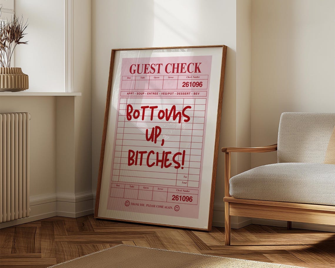 Bottoms Up Pink Guest Check Retro Quote Bar Cart Decor Poster - Image 5