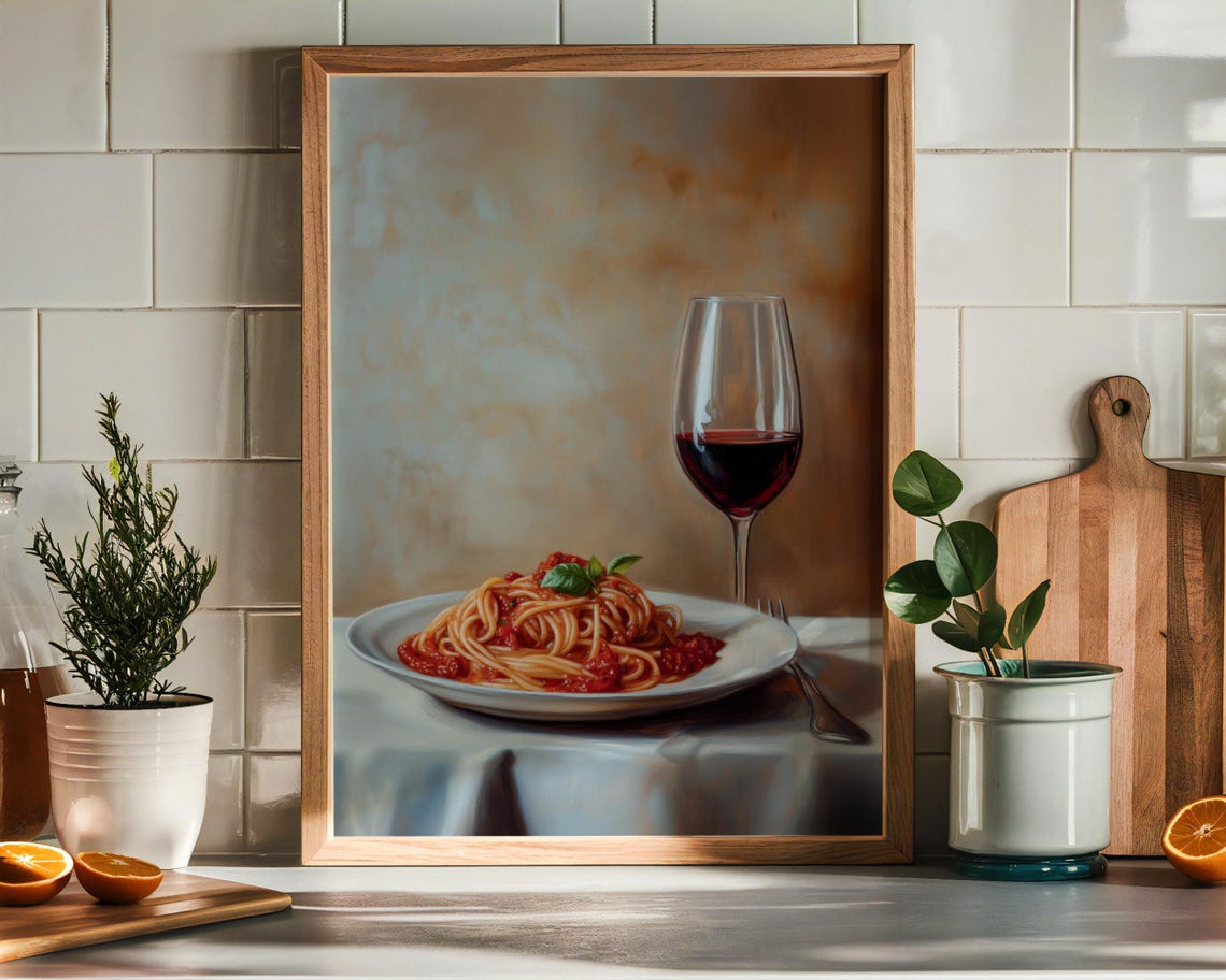 Spaghetti Marinara Red Wine Still Life Oil Painting Kitchen Poster
