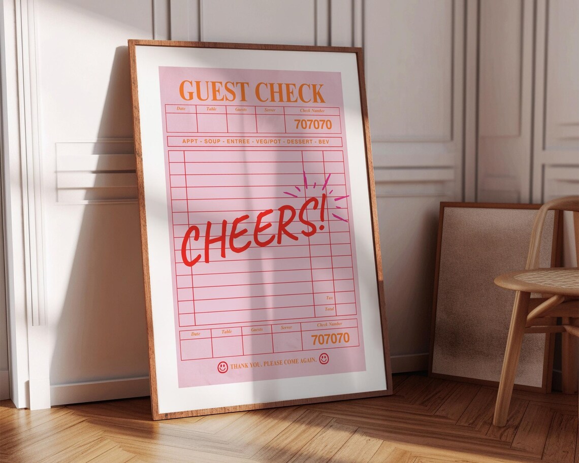 Cheers Guest Check Pink Retro Bar Cart Decor Trendy Party Quote Poster - Image 5