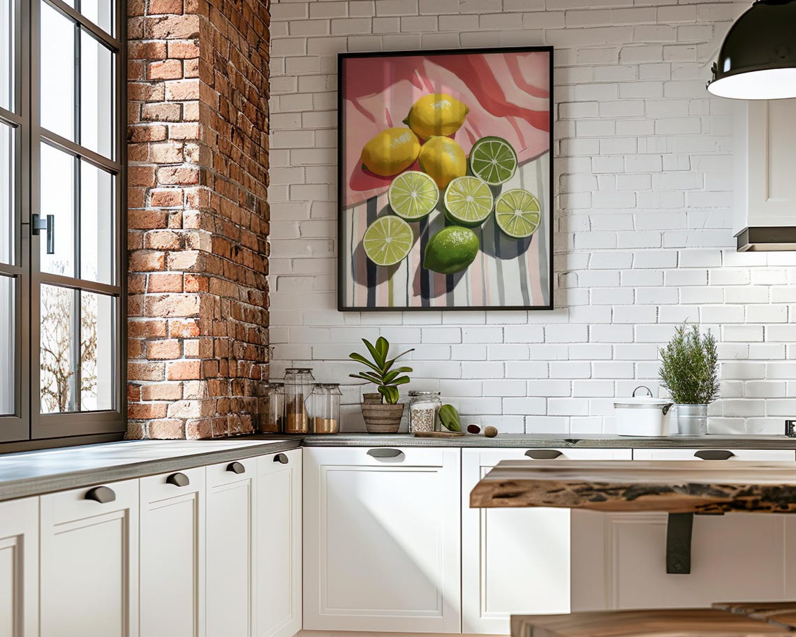 Lemons Limes Still Life Striped Cloth Kitchen Fruit Art Poster - Image 7