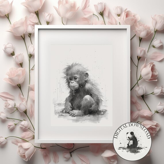 Baby Orangutan in the Rain Monochrome Watercolor Nursery Poster