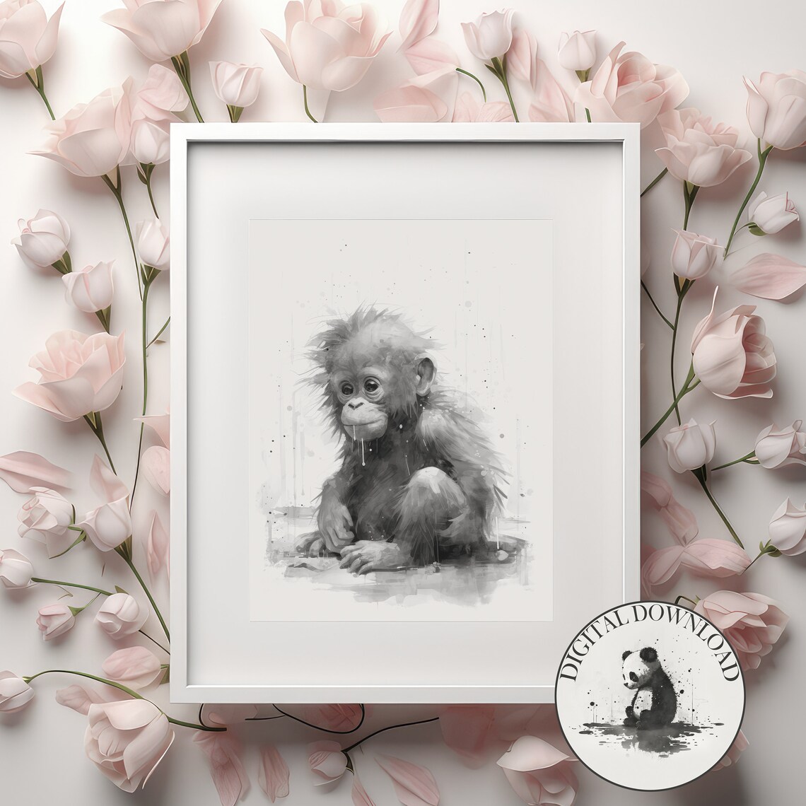 Baby Orangutan In Rain Cute Illustration Infant Nursary Decorink Drawing Art