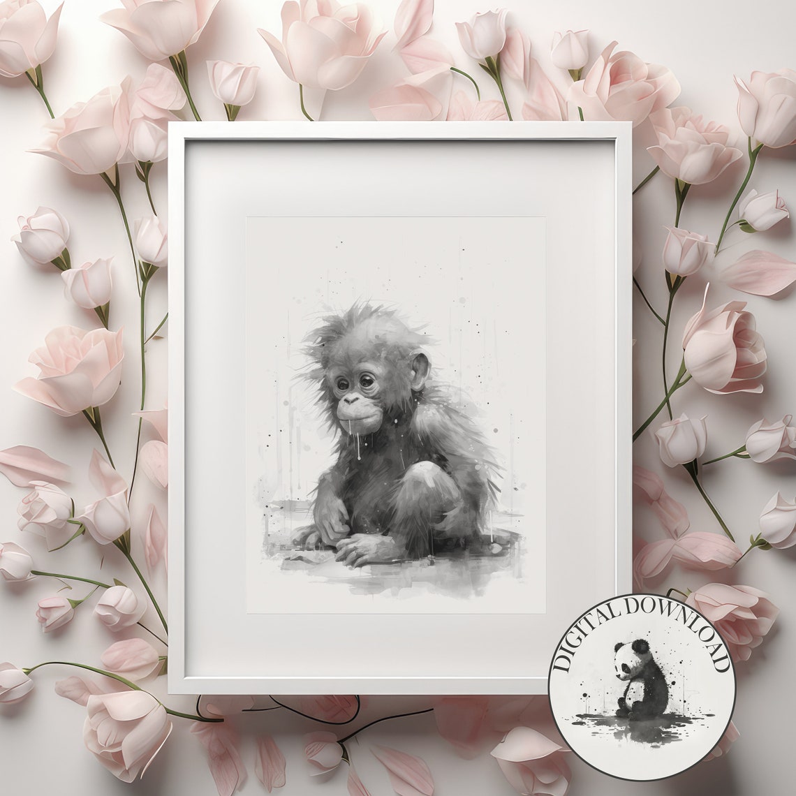 Baby Orangutan in the Rain Monochrome Watercolor Nursery Poster