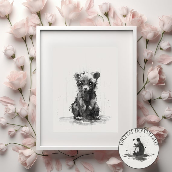 Baby Skunk In The Rain Cute Illustration Infant Nursary Decor Ink Drawing Art