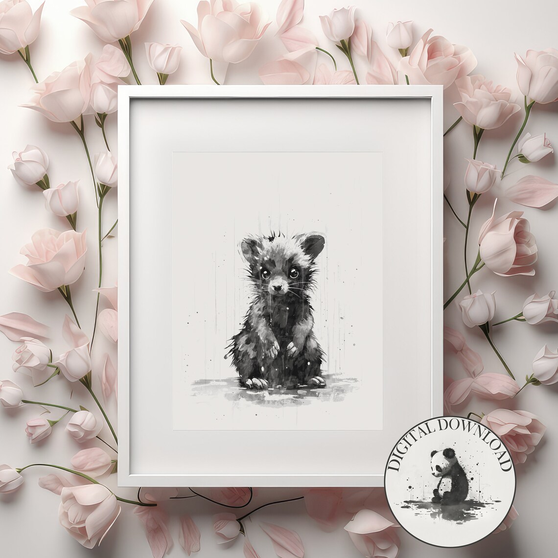 Baby Skunk Sitting in the Rain Black Ink Watercolor Nursery Poster