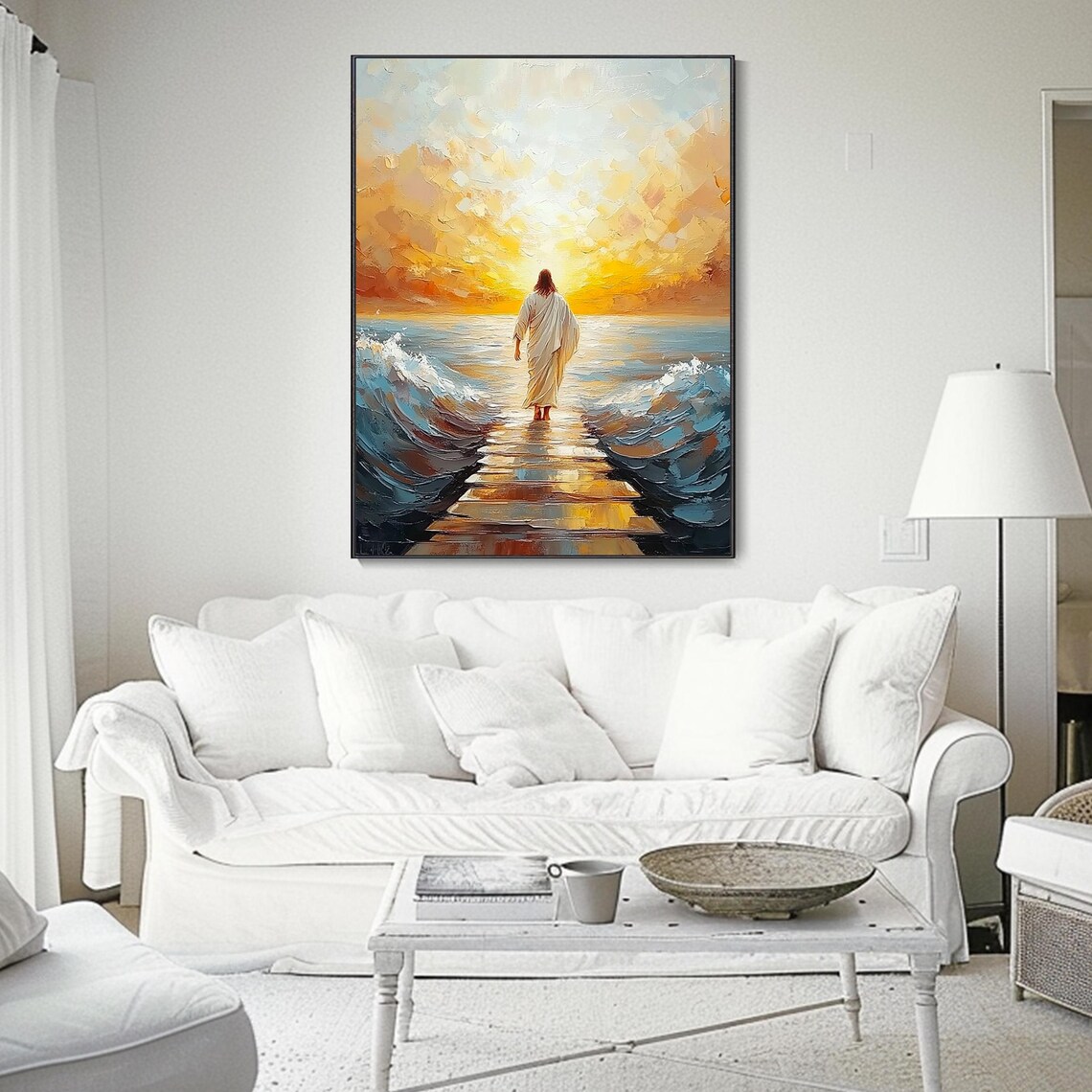 Jesus Walking On Water Toward Heavenly Light Christian Poster - Image 2