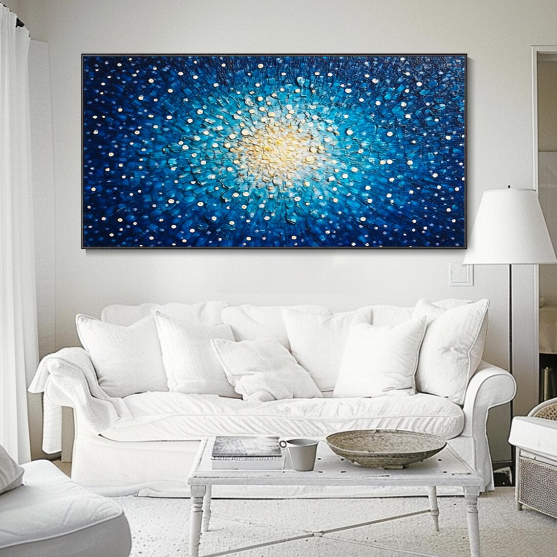 Starry Blue Night Sky With Golden Radiant Center Abstract Poster - Image 2