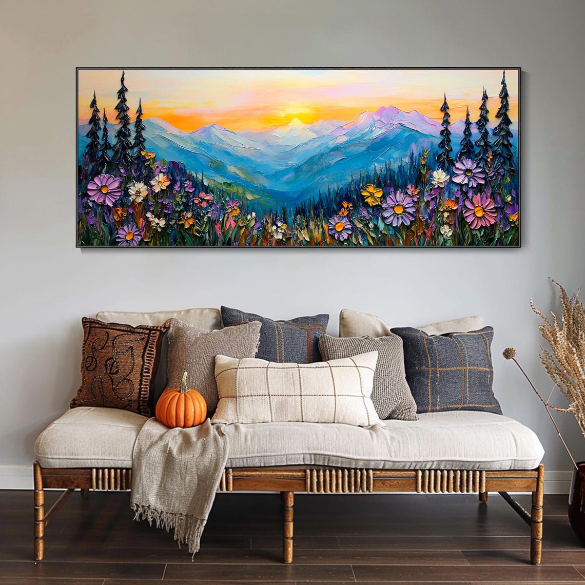 Golden Sunrise Mountain Valley Wildflower Meadow Landscape Poster - Image 4