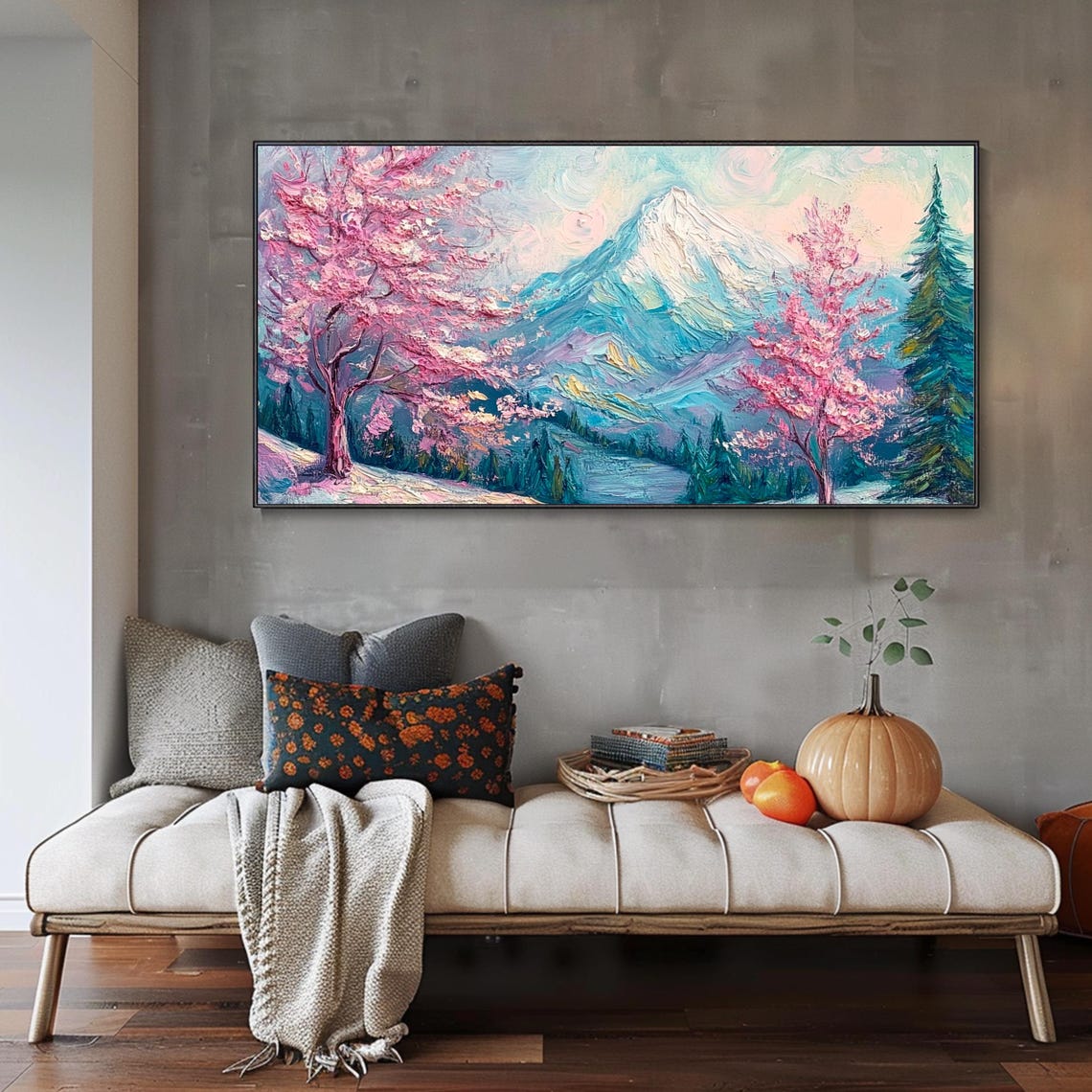 Pink Cherry Blossom Trees With Snowy Blue Mountain Peak Poster - Image 3