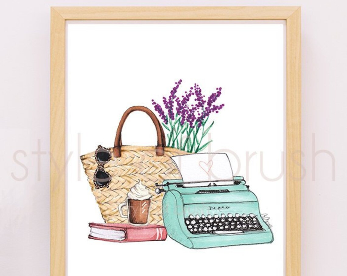 Typewriter Illustration, Lavender Fashion Illustration