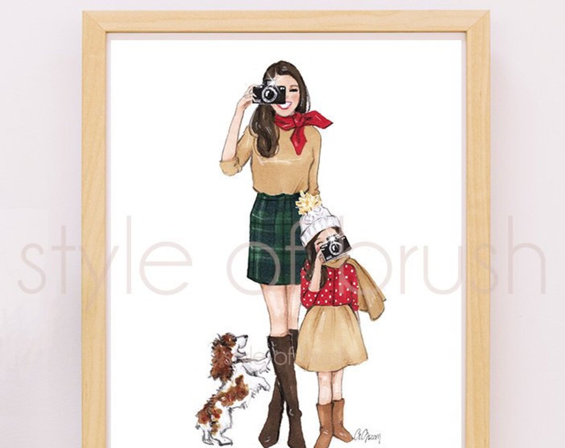 Mother Daughter Photographers Puppy Fashion Illustration Poster
