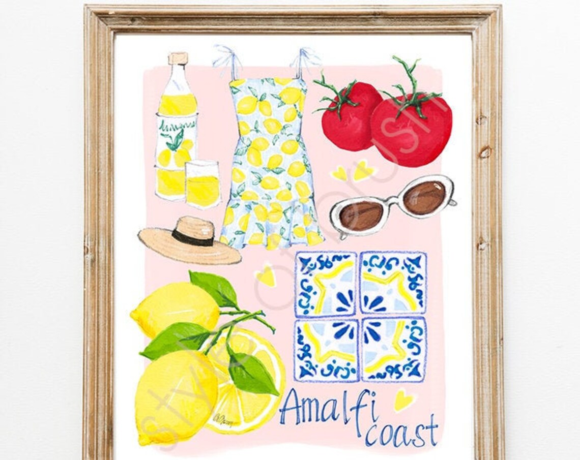 Amalfi Coast Lemon Dress Collage Italian Watercolor Travel Poster