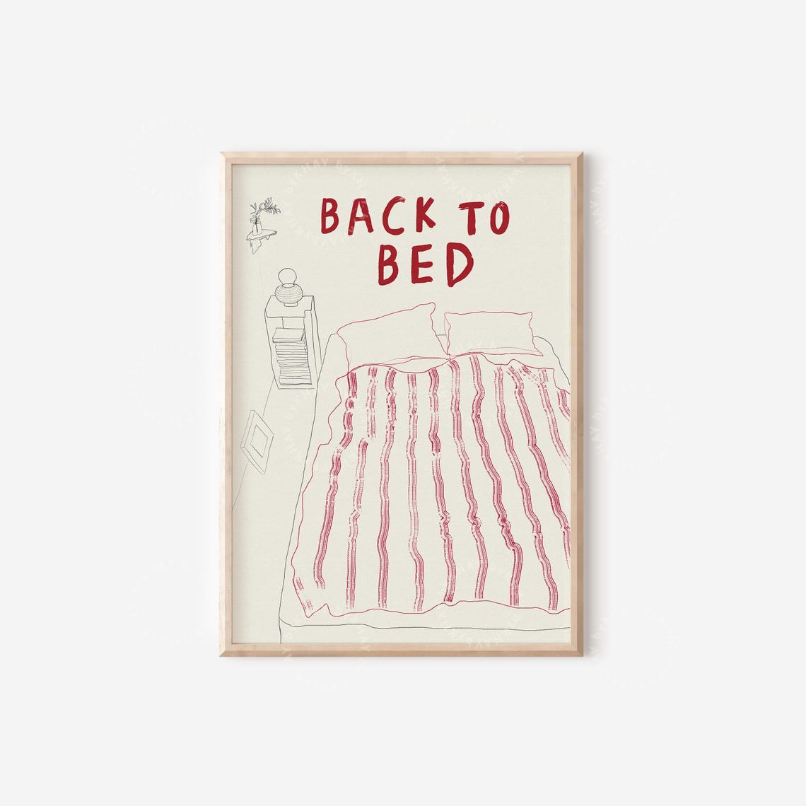 Back To Bed Red Stripe Retro Line Drawing Cozy Bedroom Poster - Image 4