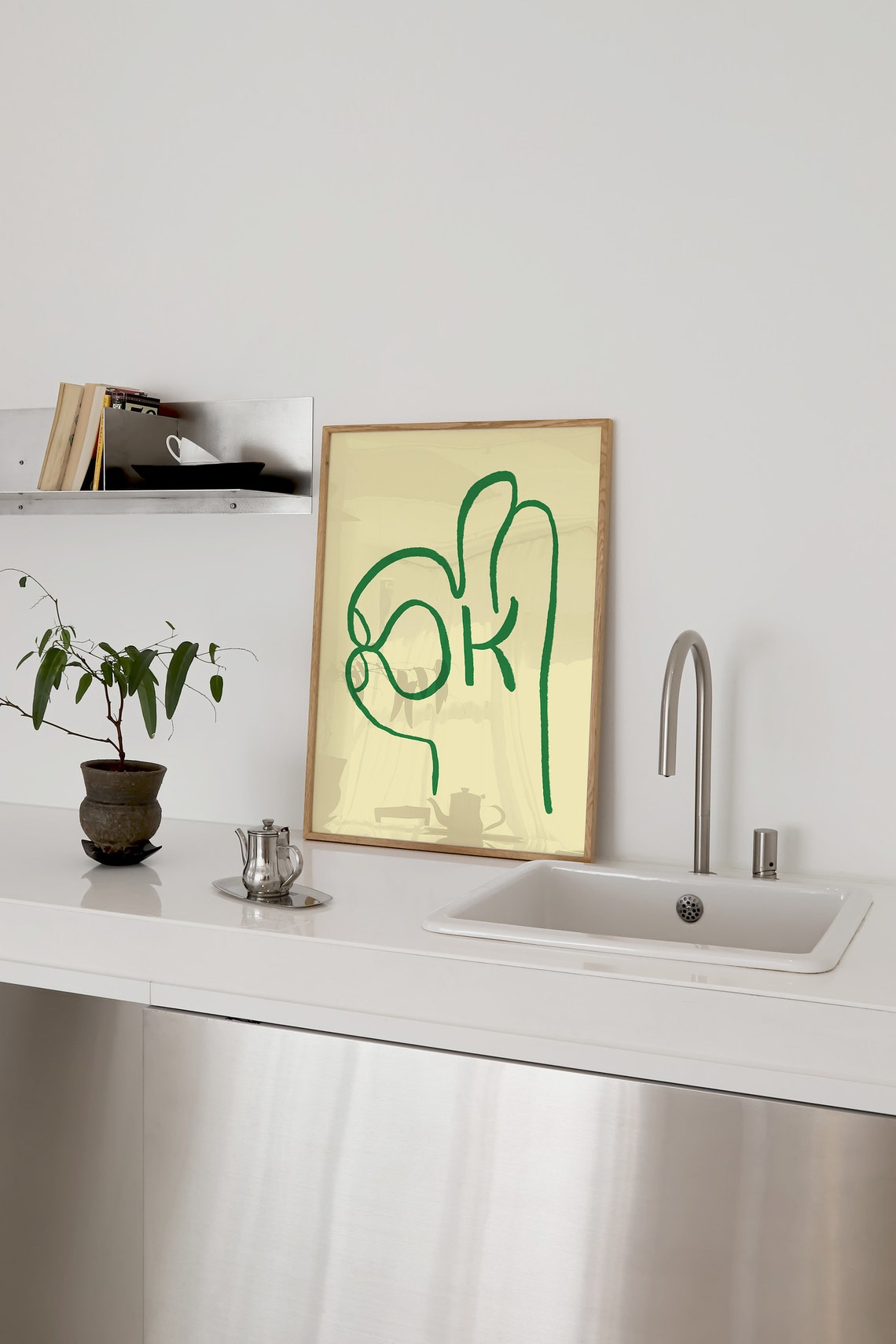 OK Hand Gesture Green Line Art Minimal Yellow Trendy Abstract Poster - Image 3