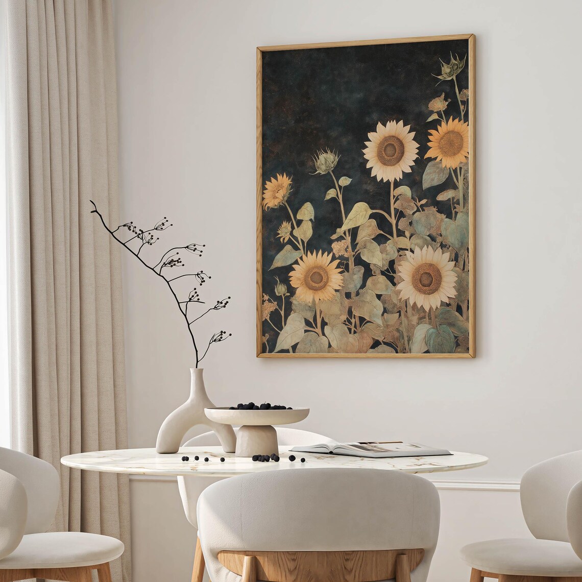 Vintage Sunflower Botanical Dark Floral Gold Foil Garden Wall Art