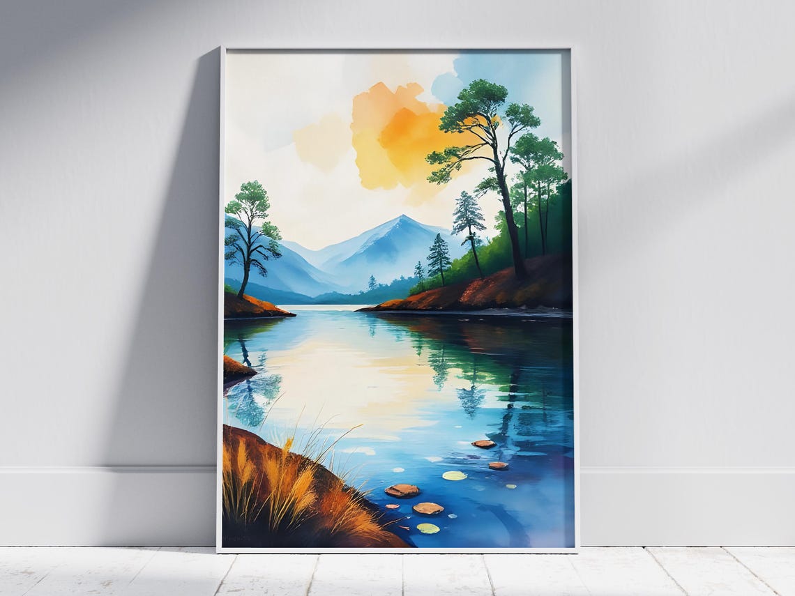 Watercolor Lake With Pine Trees Mountains Sunset Landscape Art Poster