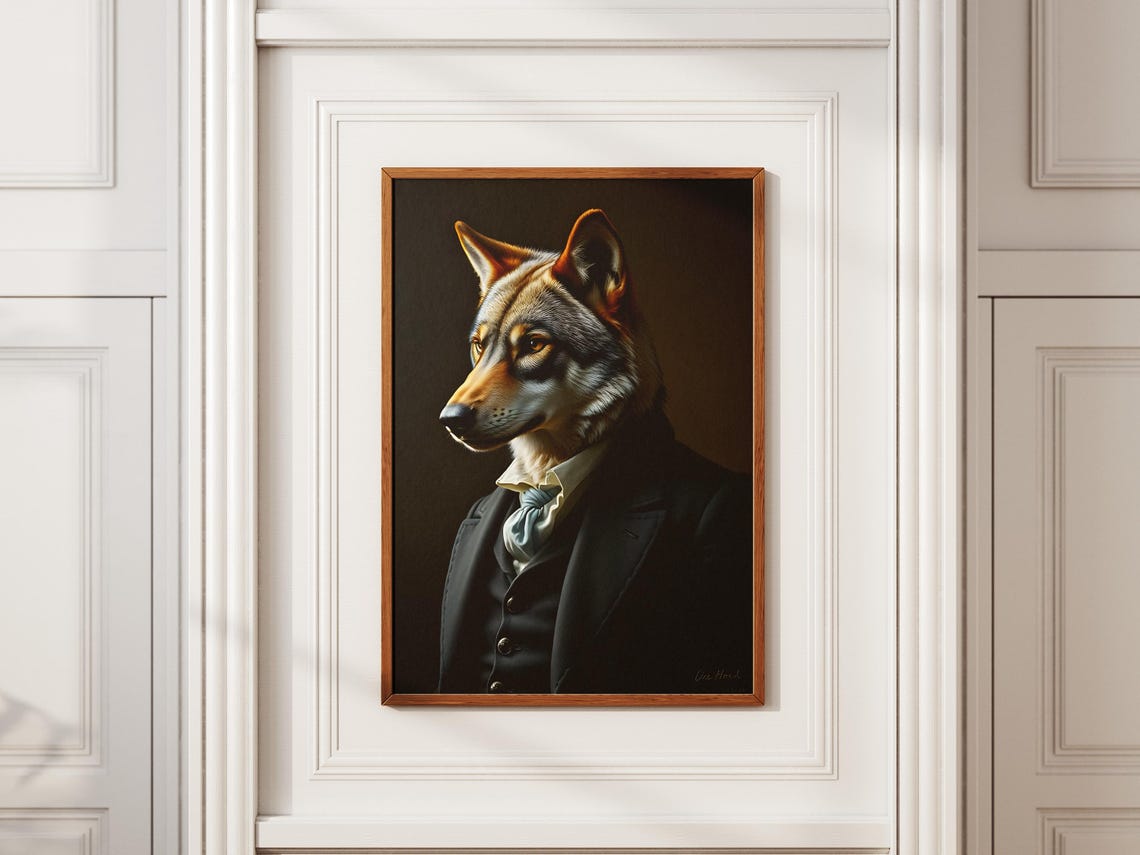 Regal Wolf Wearing Suit Victorian Style Animal Portrait Art Print
