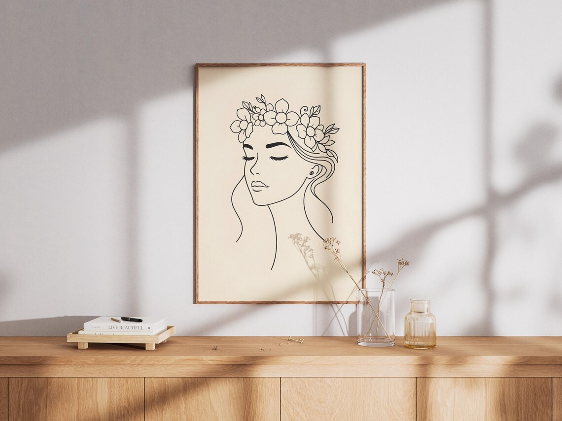 Serene Woman Line Art Portrait With Floral Crown Minimalist Poster