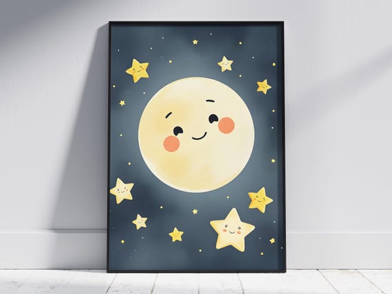 Smiling Moon Nursery Print Beige Watercolor Night Sky