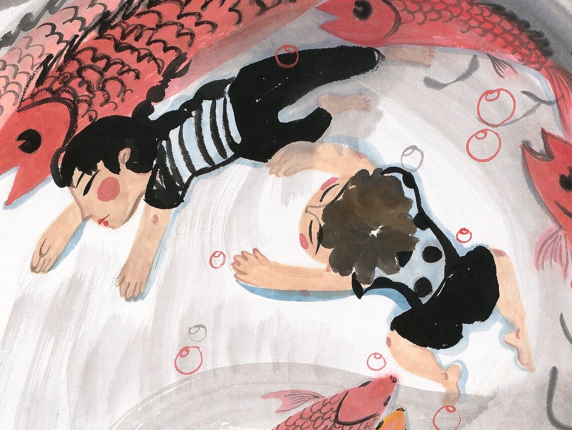 Two Kids Swimming With Koi Fish Swirl Ink Wash Playful Poster - Image 2
