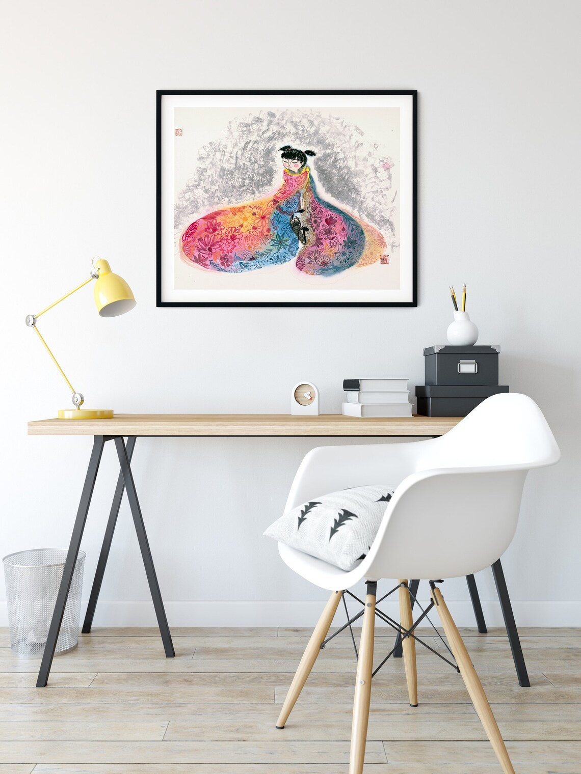 Chinese Ink Flowers and Girls Kids Room Art Print - Image 2