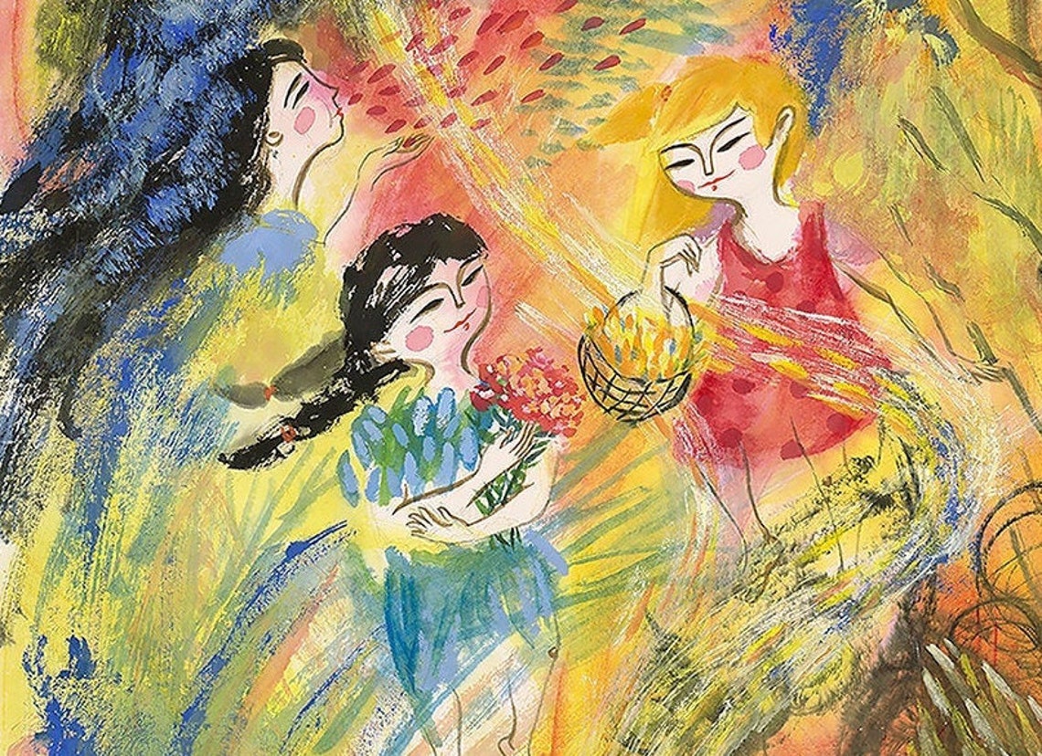 Happy Flowers Girls Art Print Happy Girls Print Painting Painting Print Chinese Painting Print Home Wall Decor Kids Room Art Wall Art - Image 3