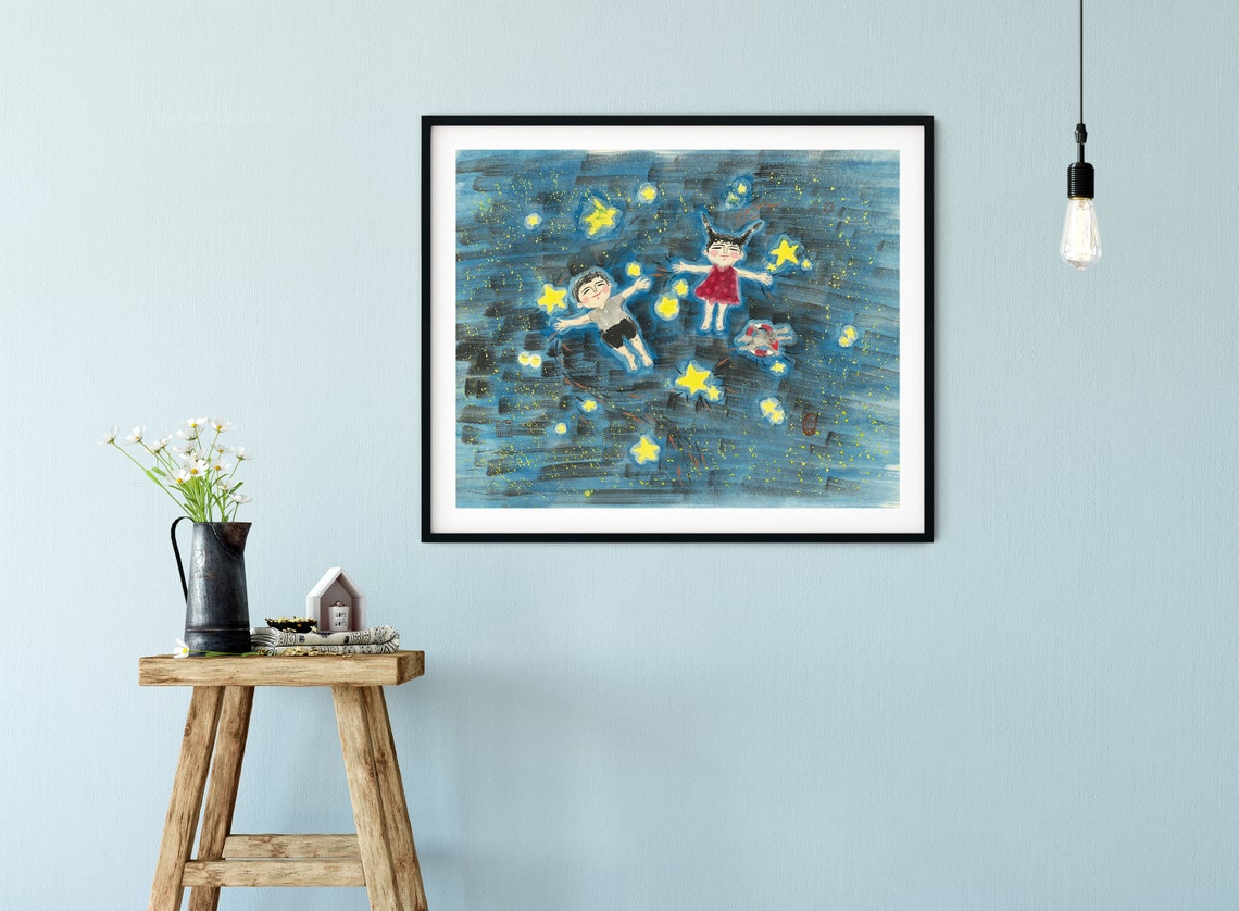 Art Print Star Original Painting Print Chinese Ink Painting Print Kids Room Wall Decor Nursery Room Decor Kids With Friends Painting - Image 2